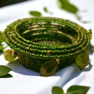 Vtg 70's Candle Holder Green Seed Bead Tea Light